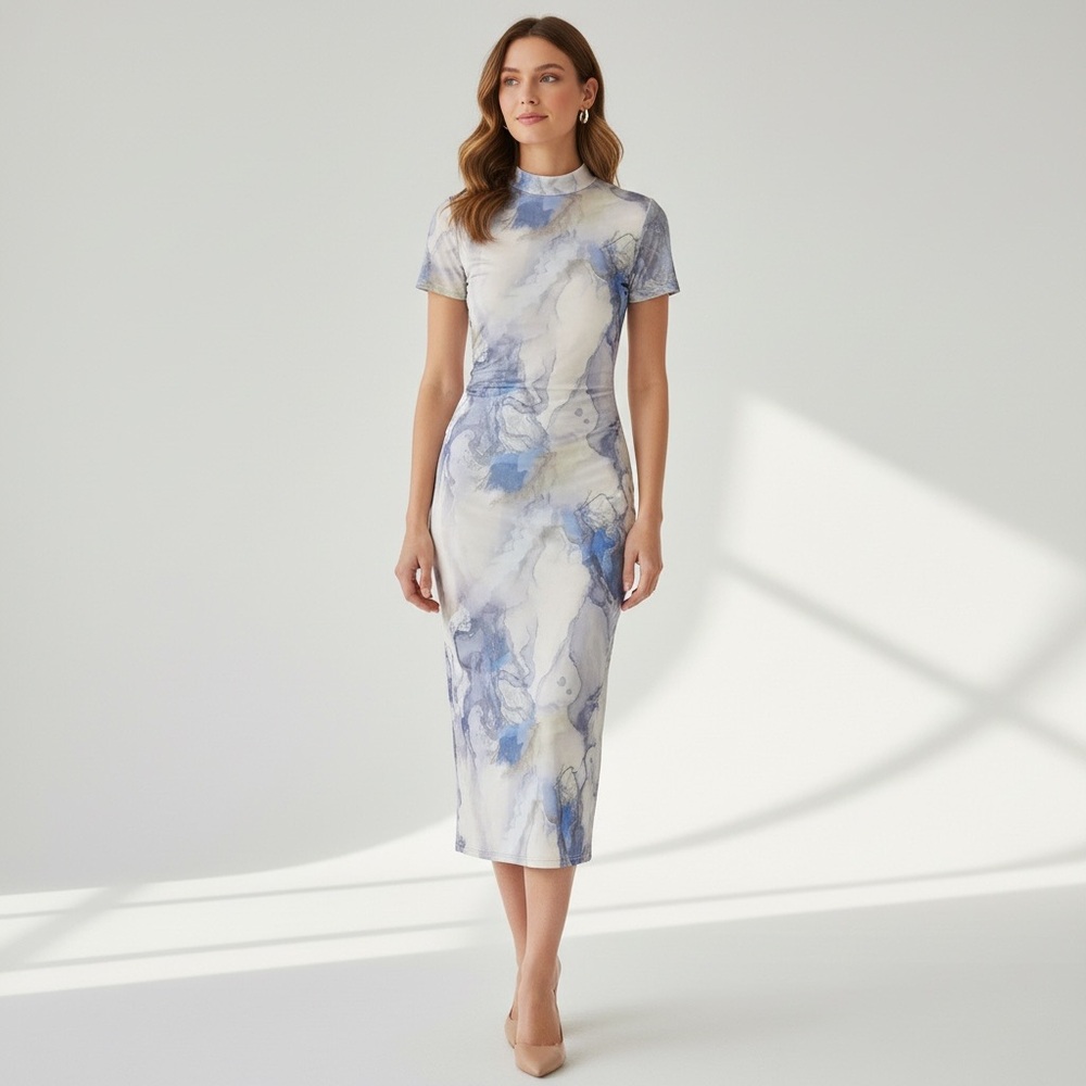 Blanc Sheer Mesh White Purple BlueEthereal Marble Tree Print  Glam Maxi Dress